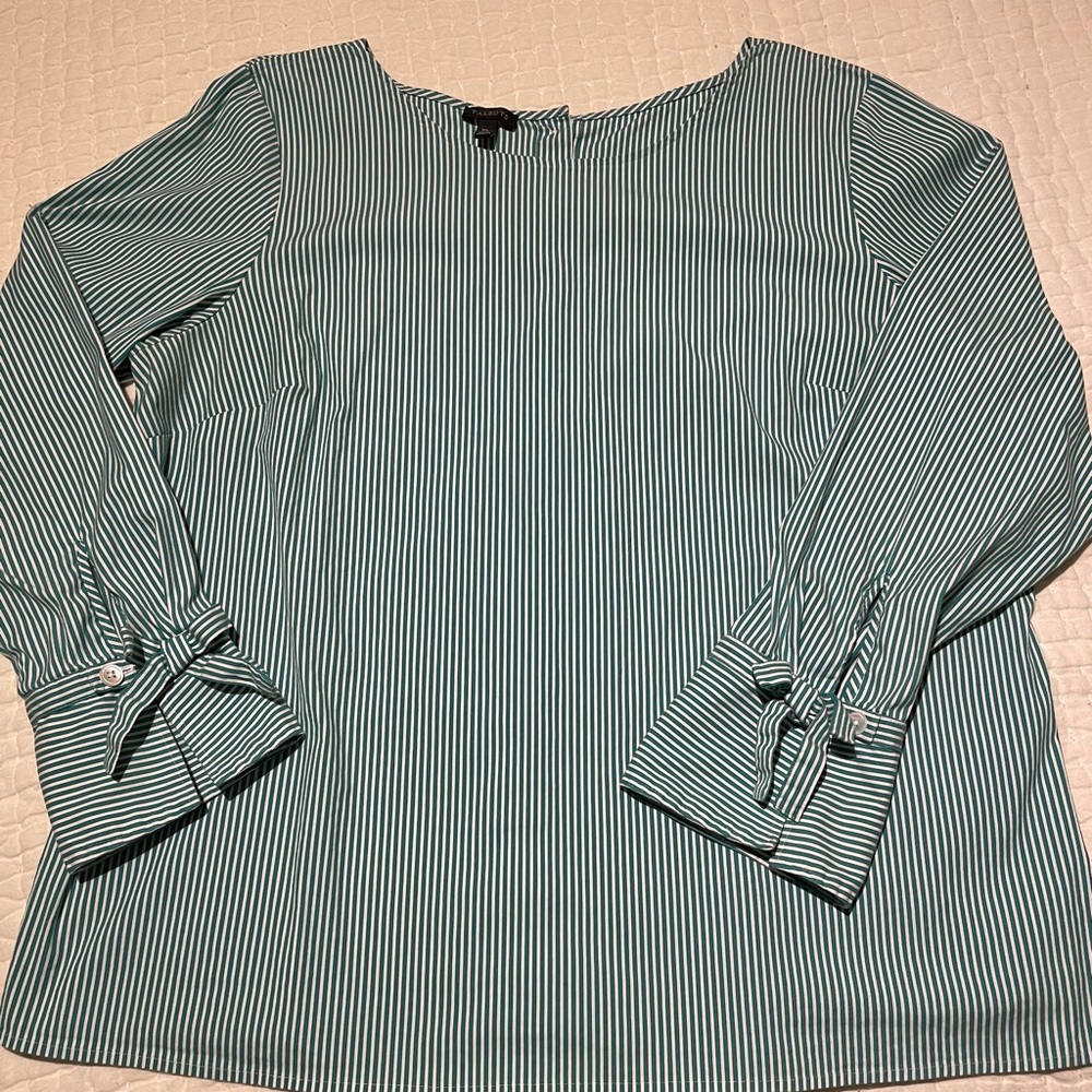 Talbots crisp and classic striped blouse with button back.